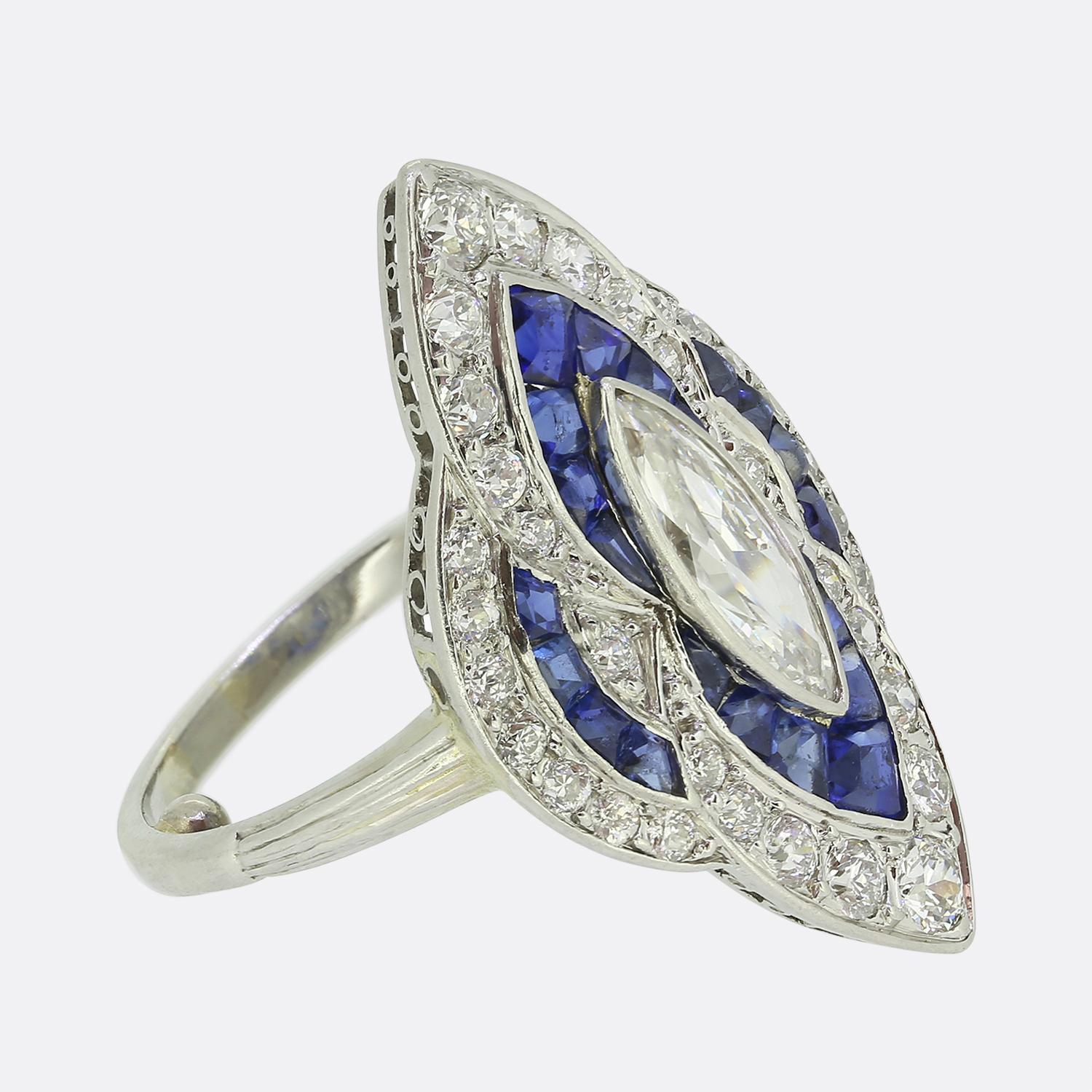 Marquise Cut Art Deco Sapphire and Diamond Navette Ring For Sale