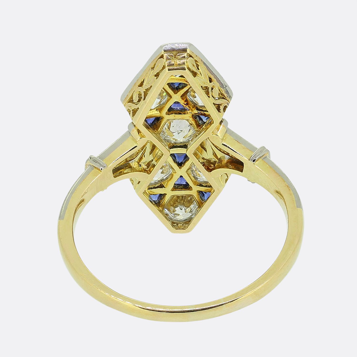 Art Deco Sapphire and Diamond Navette Ring In Good Condition For Sale In London, GB
