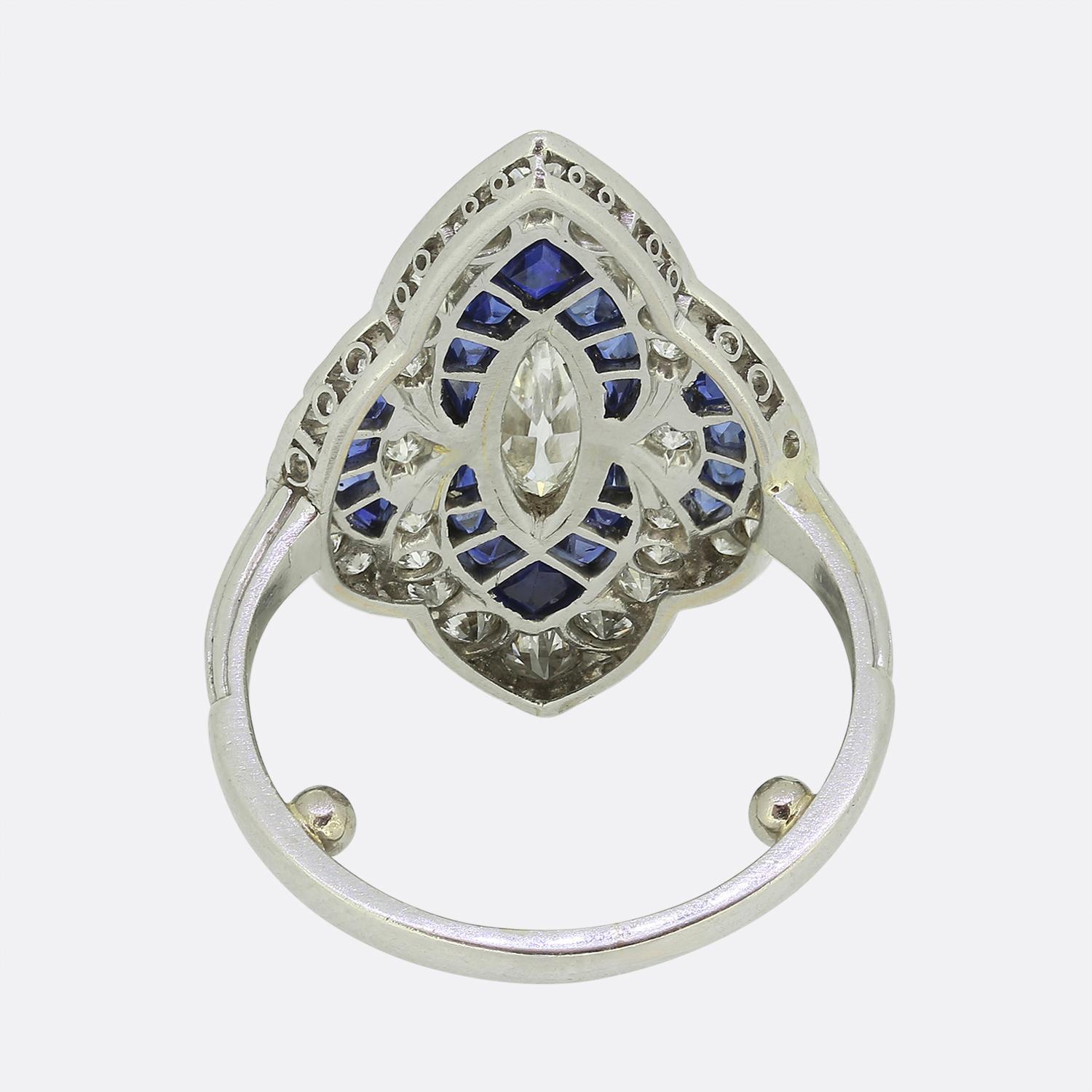 Art Deco Sapphire and Diamond Navette Ring In Good Condition For Sale In London, GB
