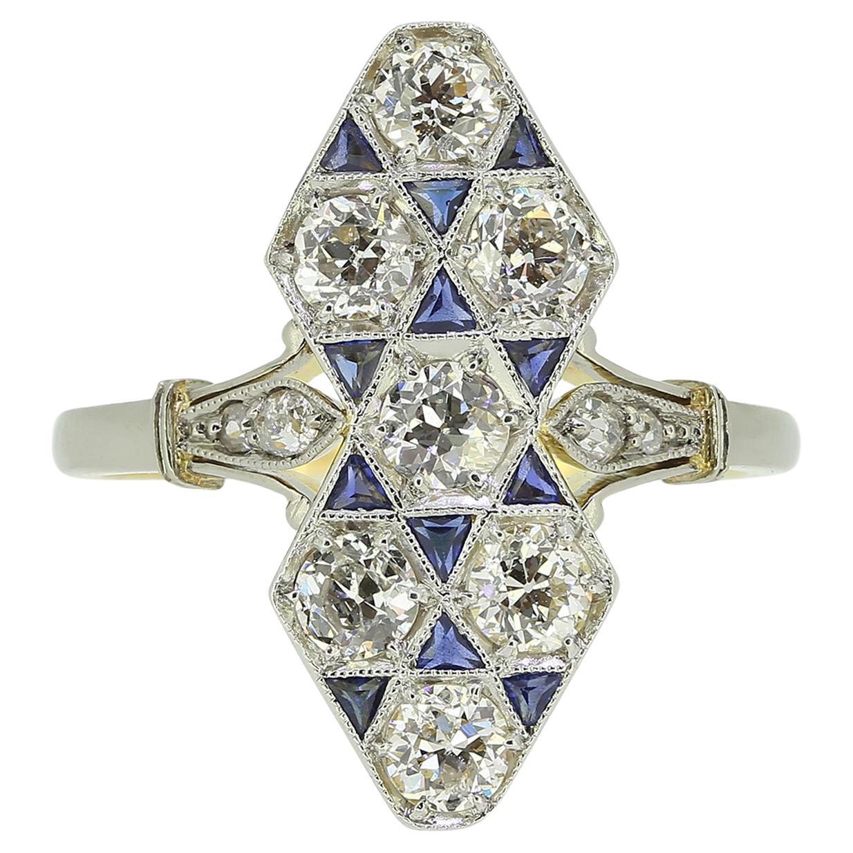 Art Deco Sapphire and Diamond Navette Ring For Sale