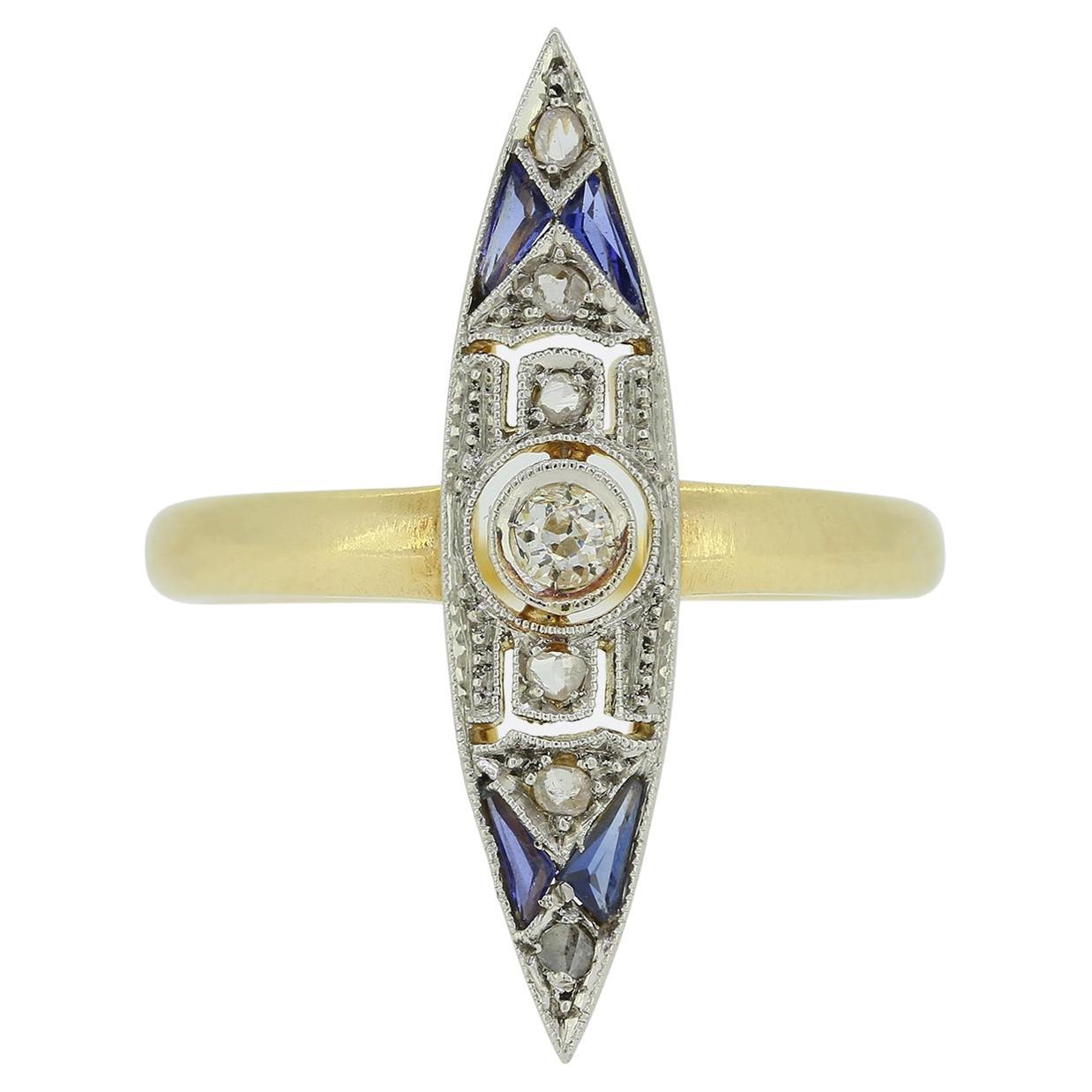 Art Deco Sapphire and Diamond Navette Ring For Sale