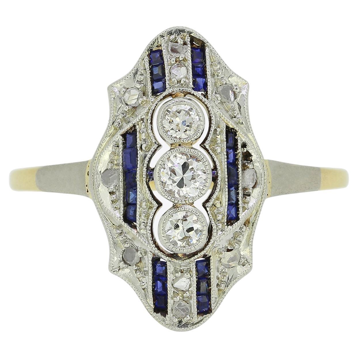 Navette-Ring mit Saphiren und Diamanten im Art déco-Stil