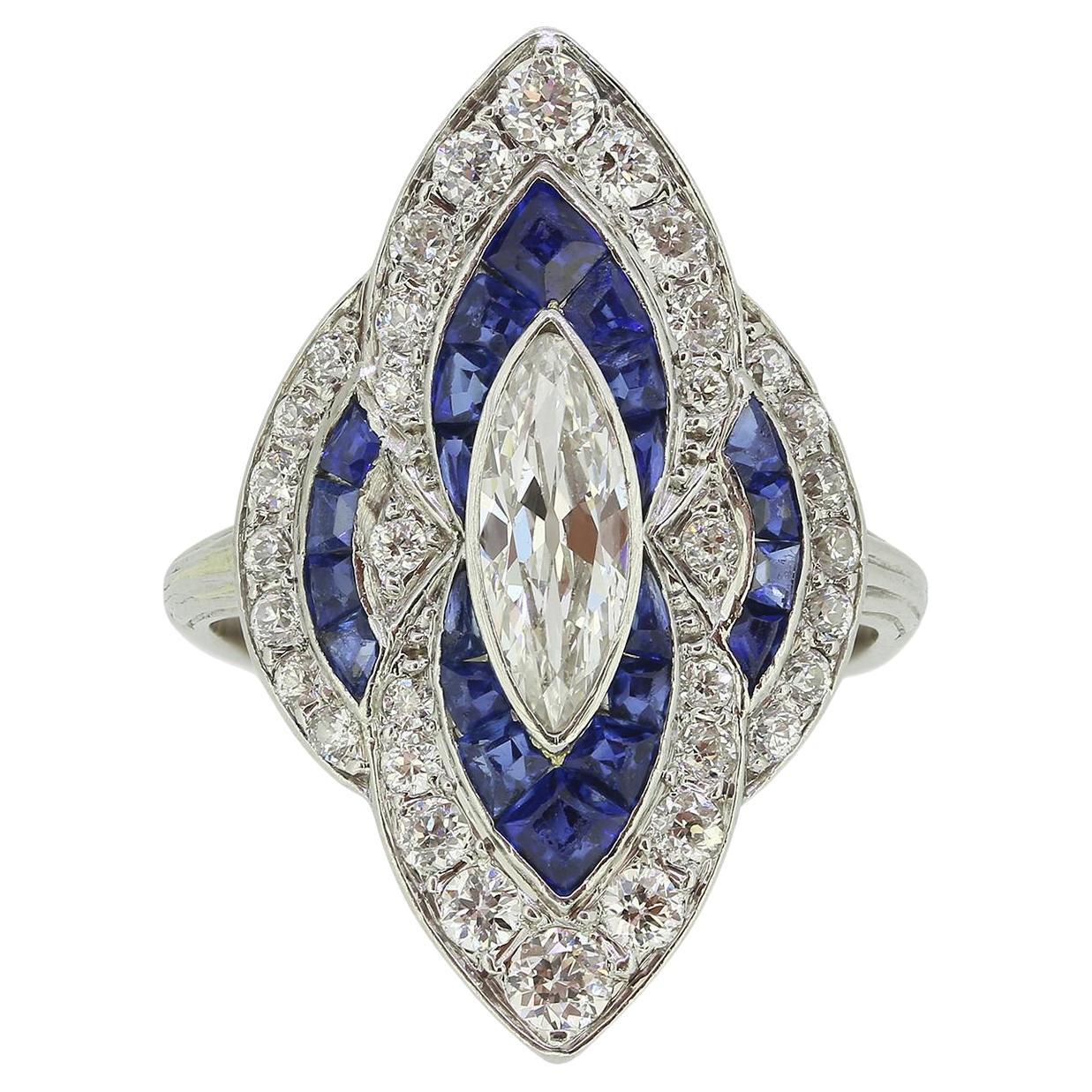 Art Deco Sapphire and Diamond Navette Ring For Sale