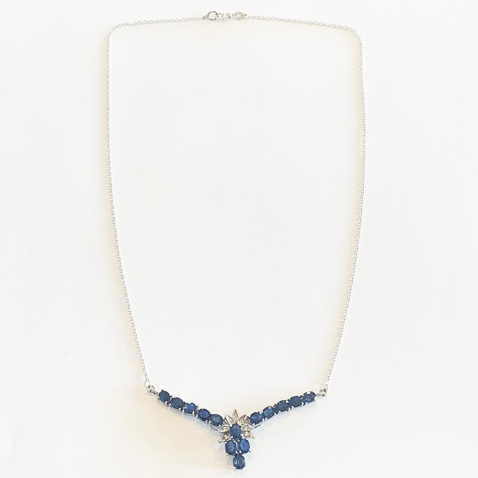 Art Deco Necklace of Palladium and 10KT White Gold. Finely faceted Blue Sapphires and Diamonds set in Palladiumm with a white gold chain marked 14KT.. Palladium is a rare metal, going back to discovery in 1802, and similar to Platinum, but not used
