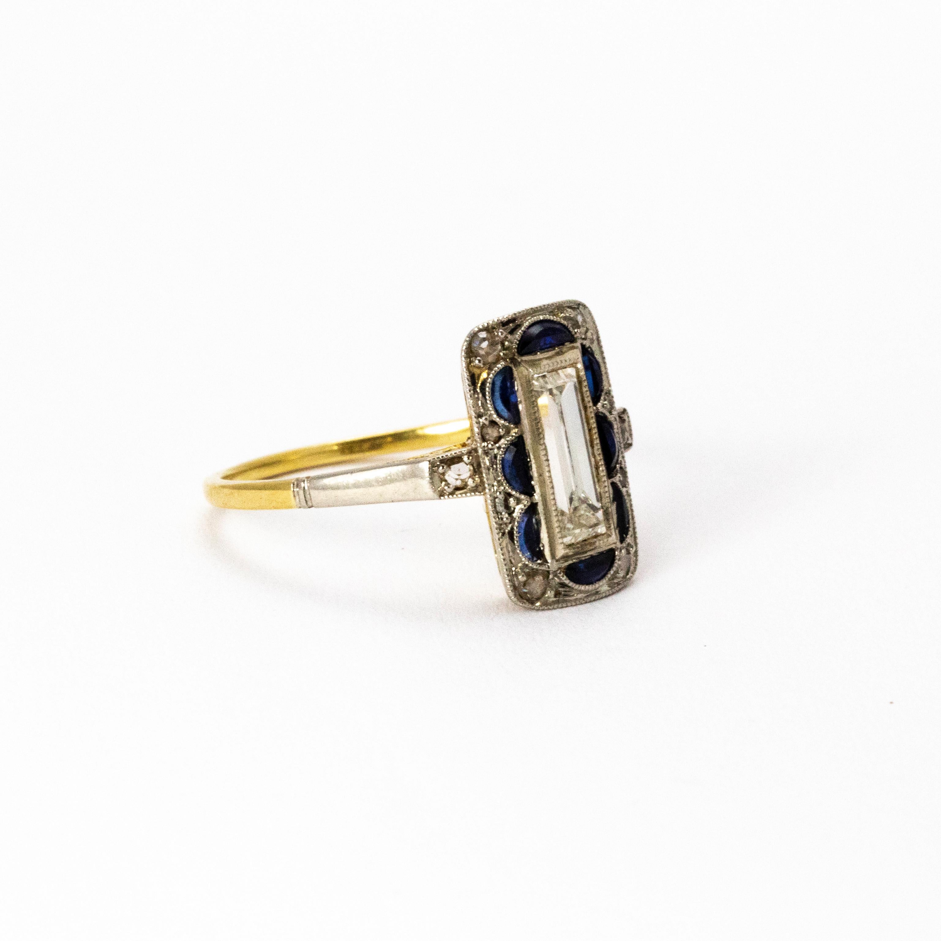 Women's or Men's Art Deco Sapphire and Diamond Panel Ring
