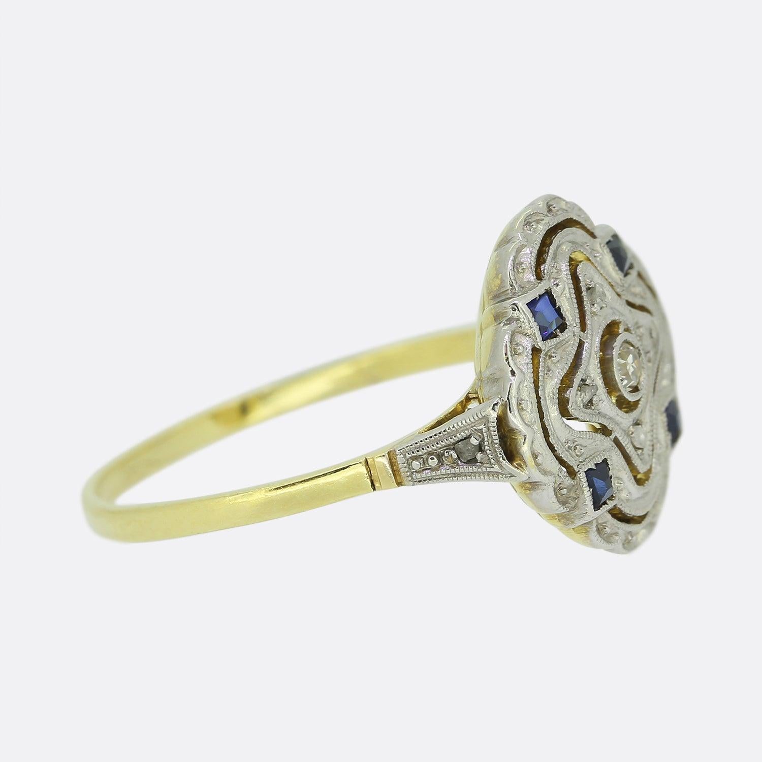 Square Cut Art Deco Sapphire and Diamond Plaque Ring For Sale