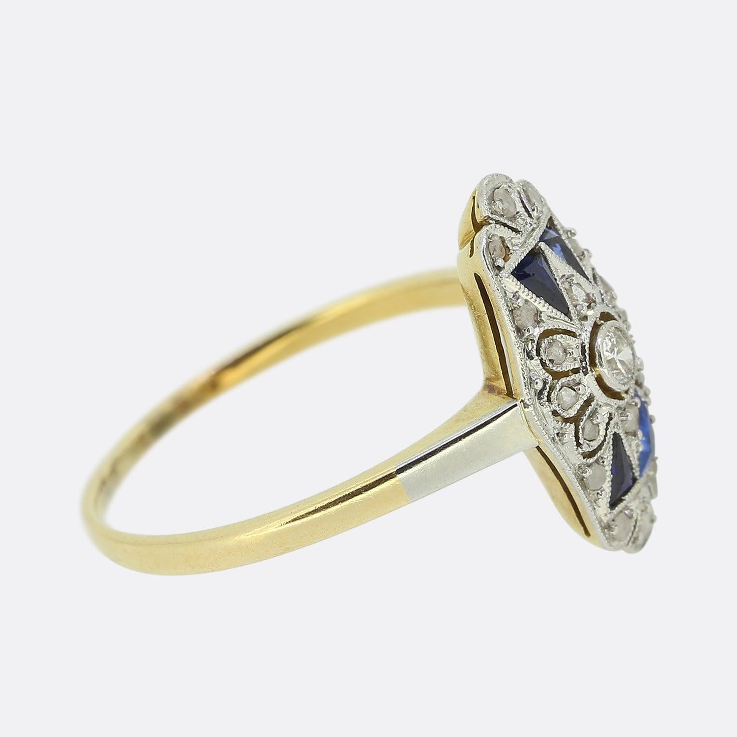Old European Cut Art Deco Sapphire and Diamond Plaque Ring For Sale