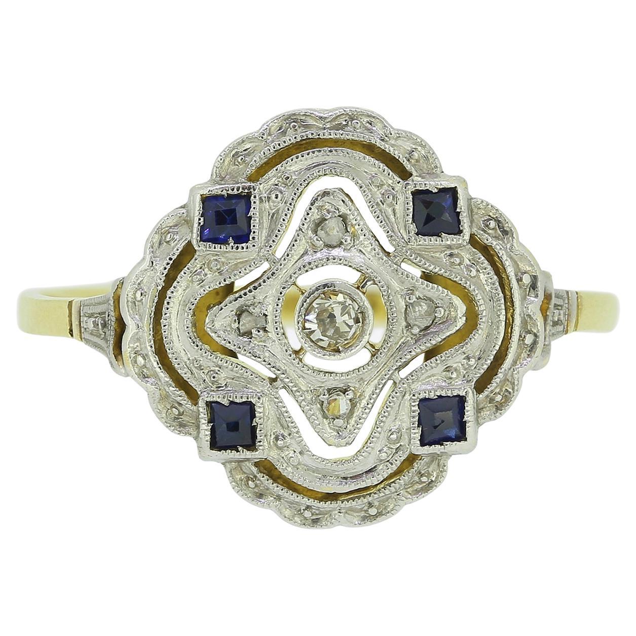 Art Deco Sapphire and Diamond Plaque Ring For Sale