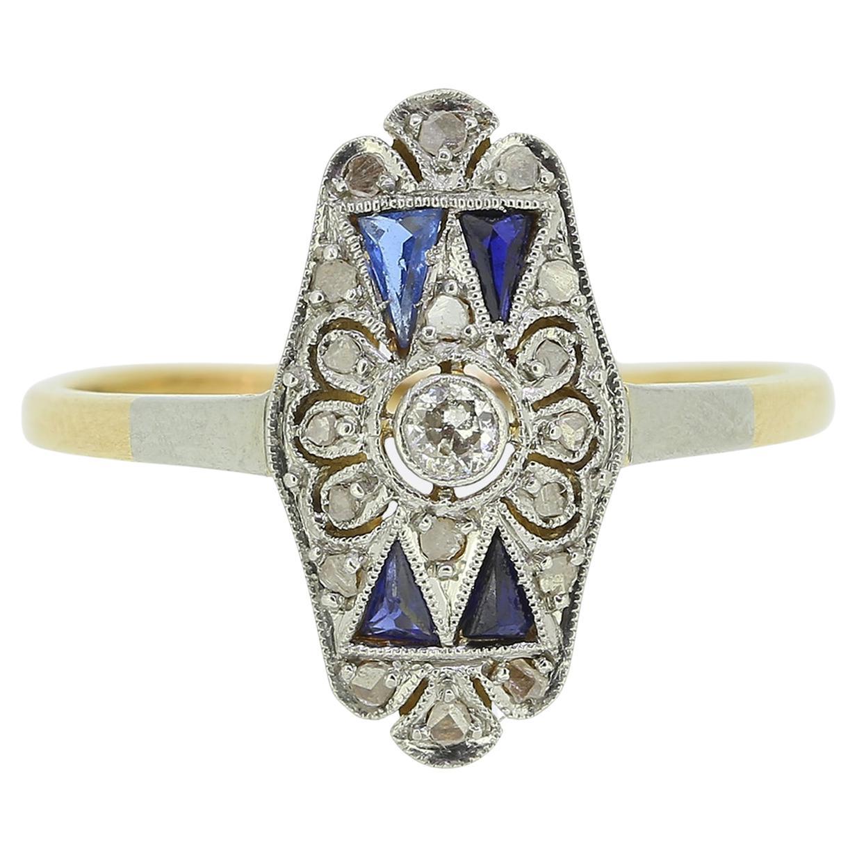 Art Deco Sapphire and Diamond Plaque Ring For Sale