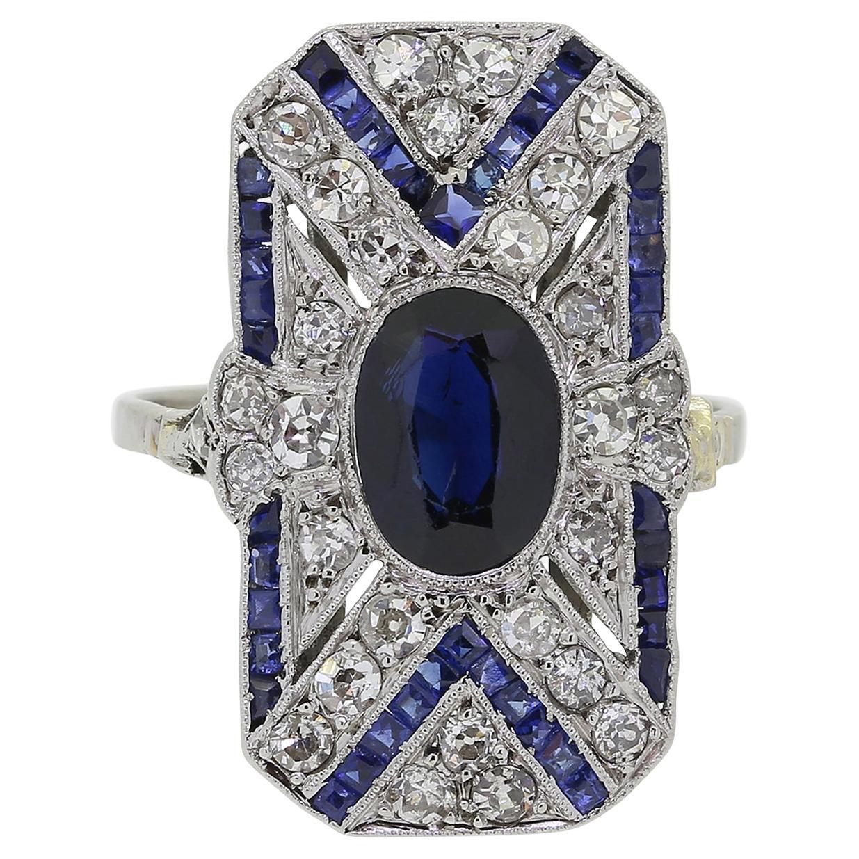 Art Deco Sapphire and Diamond Plaque Ring