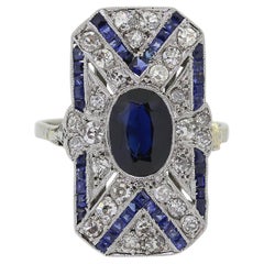 Anello Art Deco con zaffiro e diamante a placca