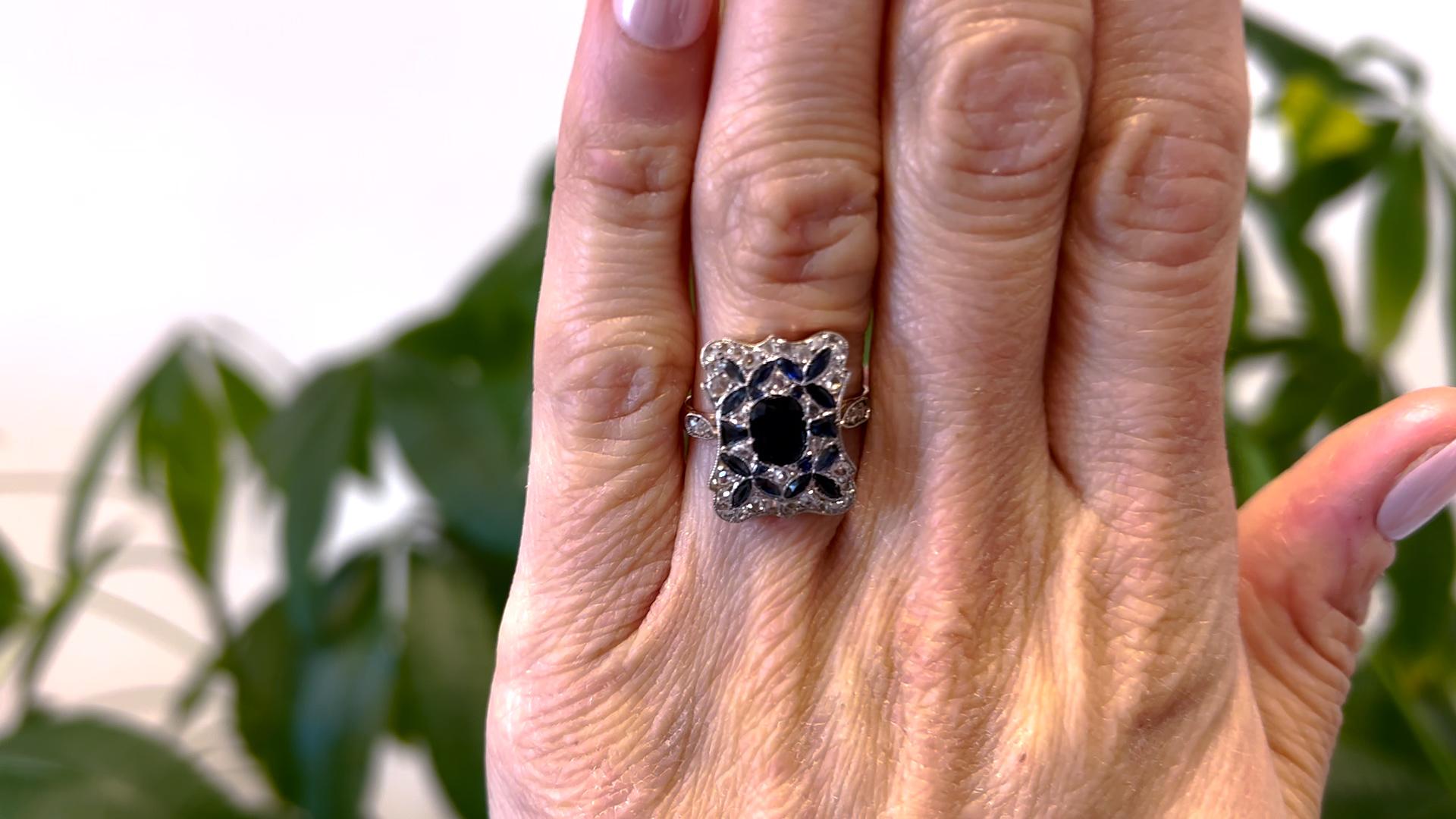 Art Deco Saphir und Diamant Platin 18k Roségold Dinner-Ring (Kissenschliff)