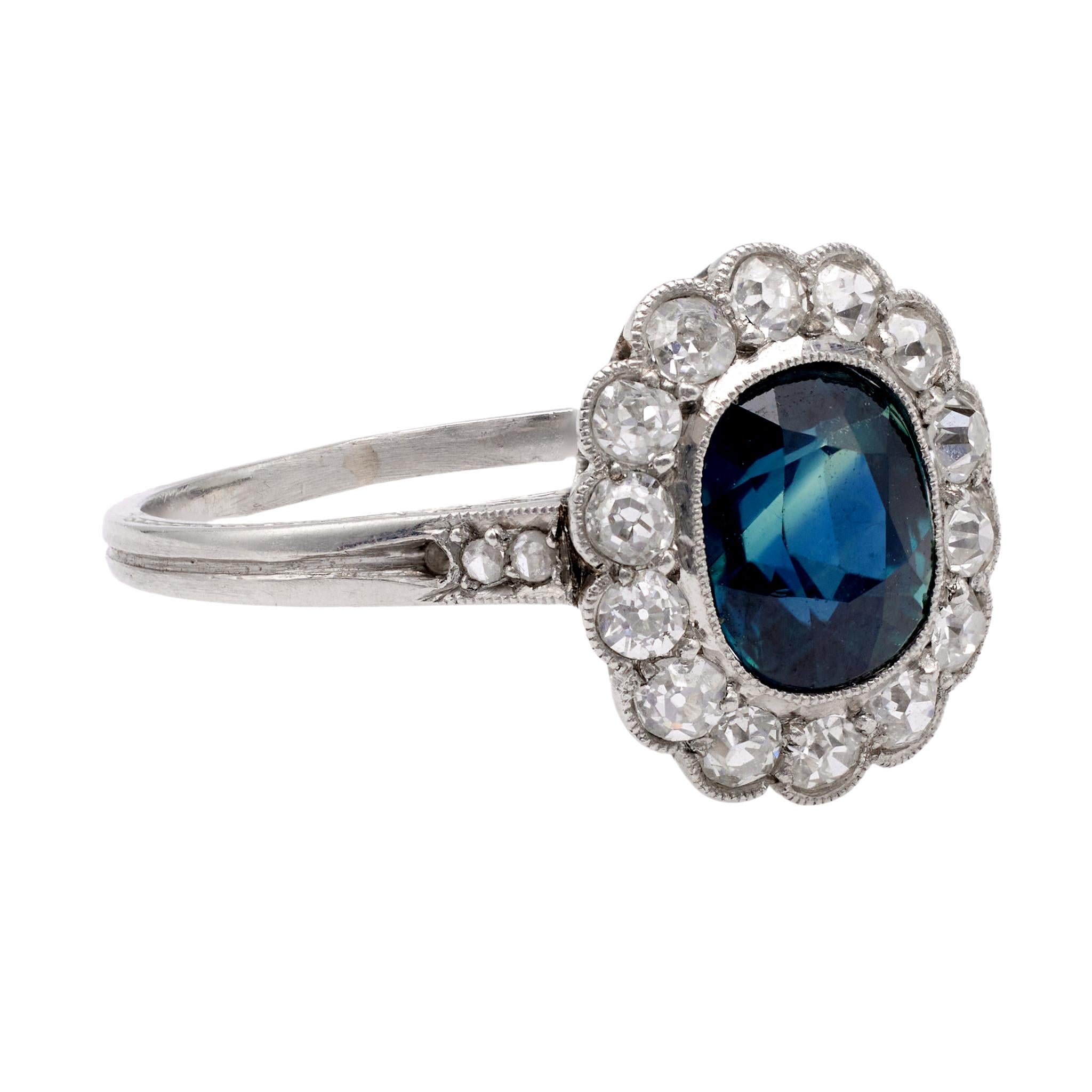 Women's or Men's Art Deco Sapphire and Diamond Platinum Cluster Ring