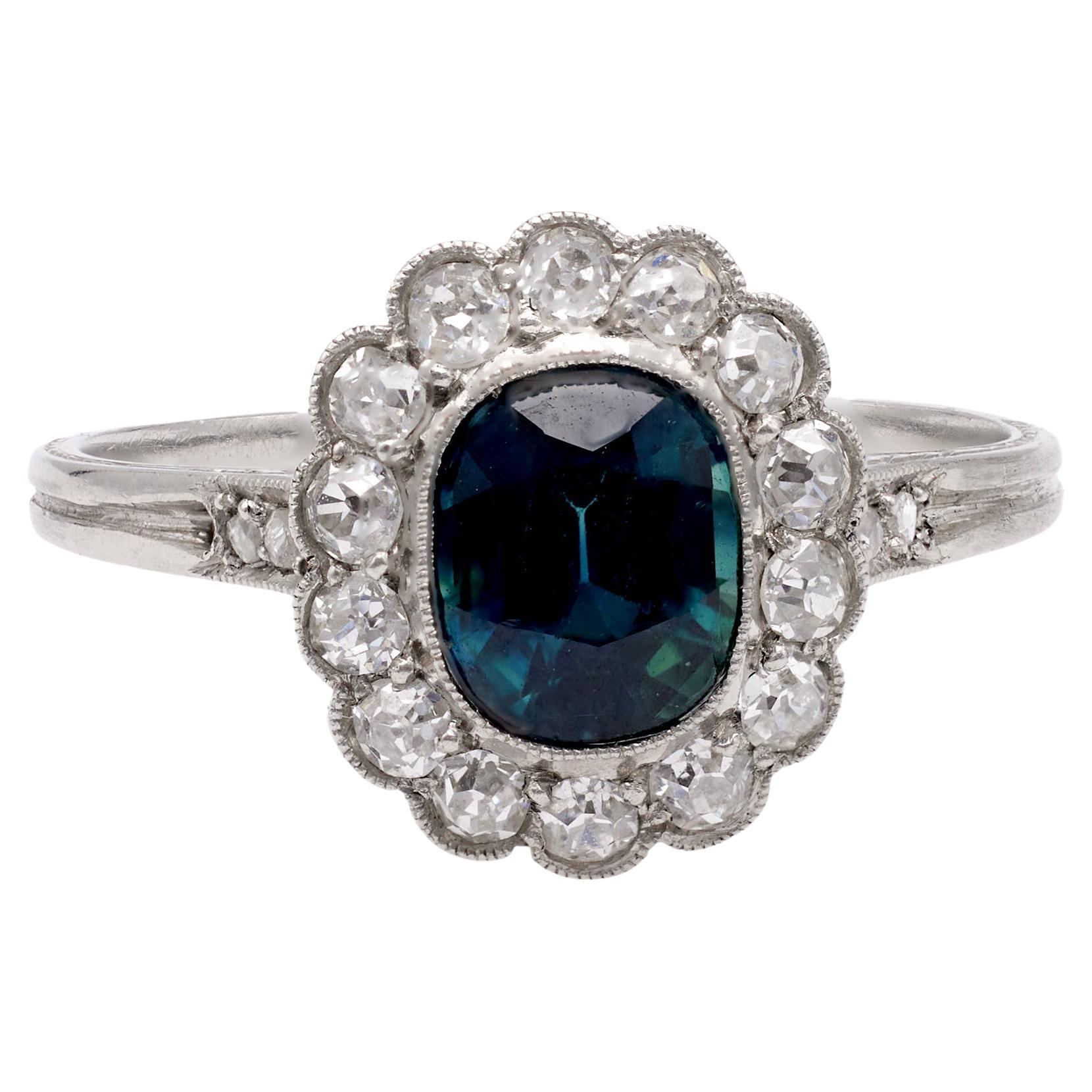 Art Deco Sapphire and Diamond Platinum Cluster Ring