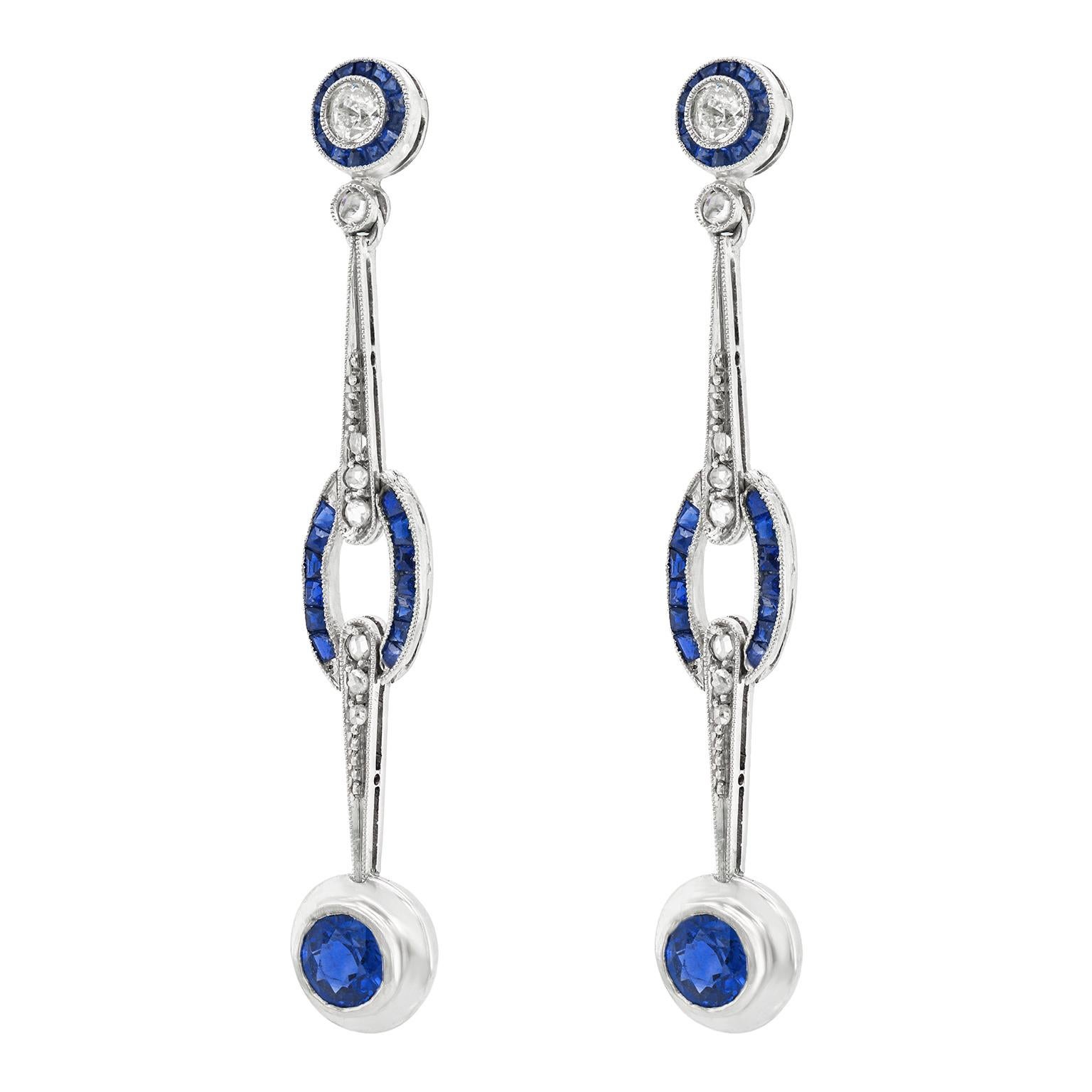 Round Cut Art Deco Sapphire and Diamond Platinum Earrings