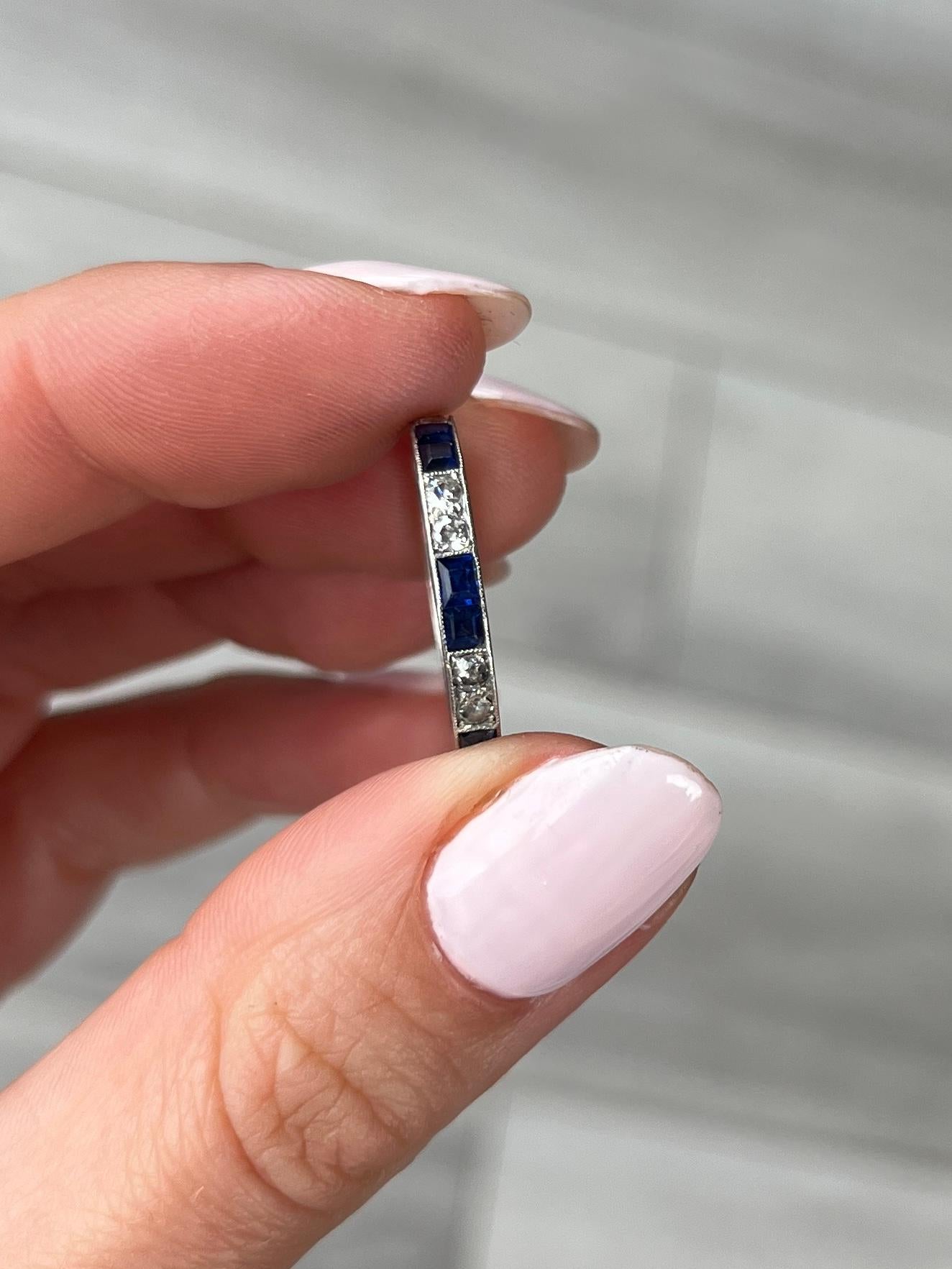 Square Cut Art Deco Sapphire and Diamond Platinum Eternity Band