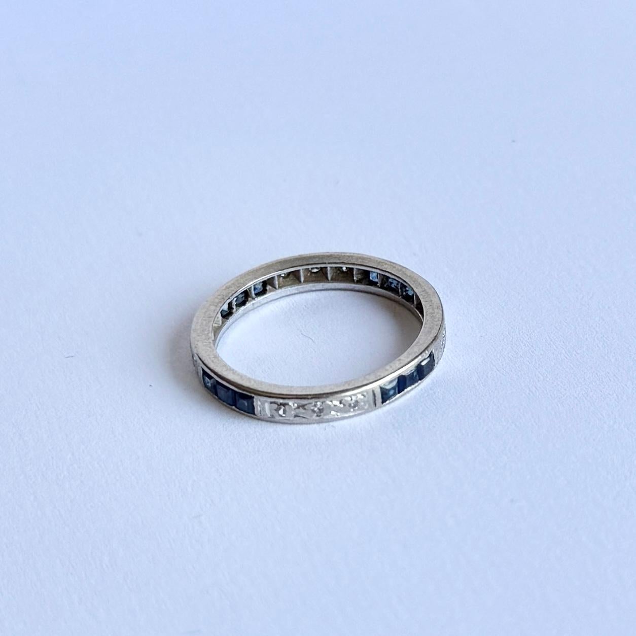 Women's Art Deco Sapphire and Diamond Platinum Eternity Band For Sale
