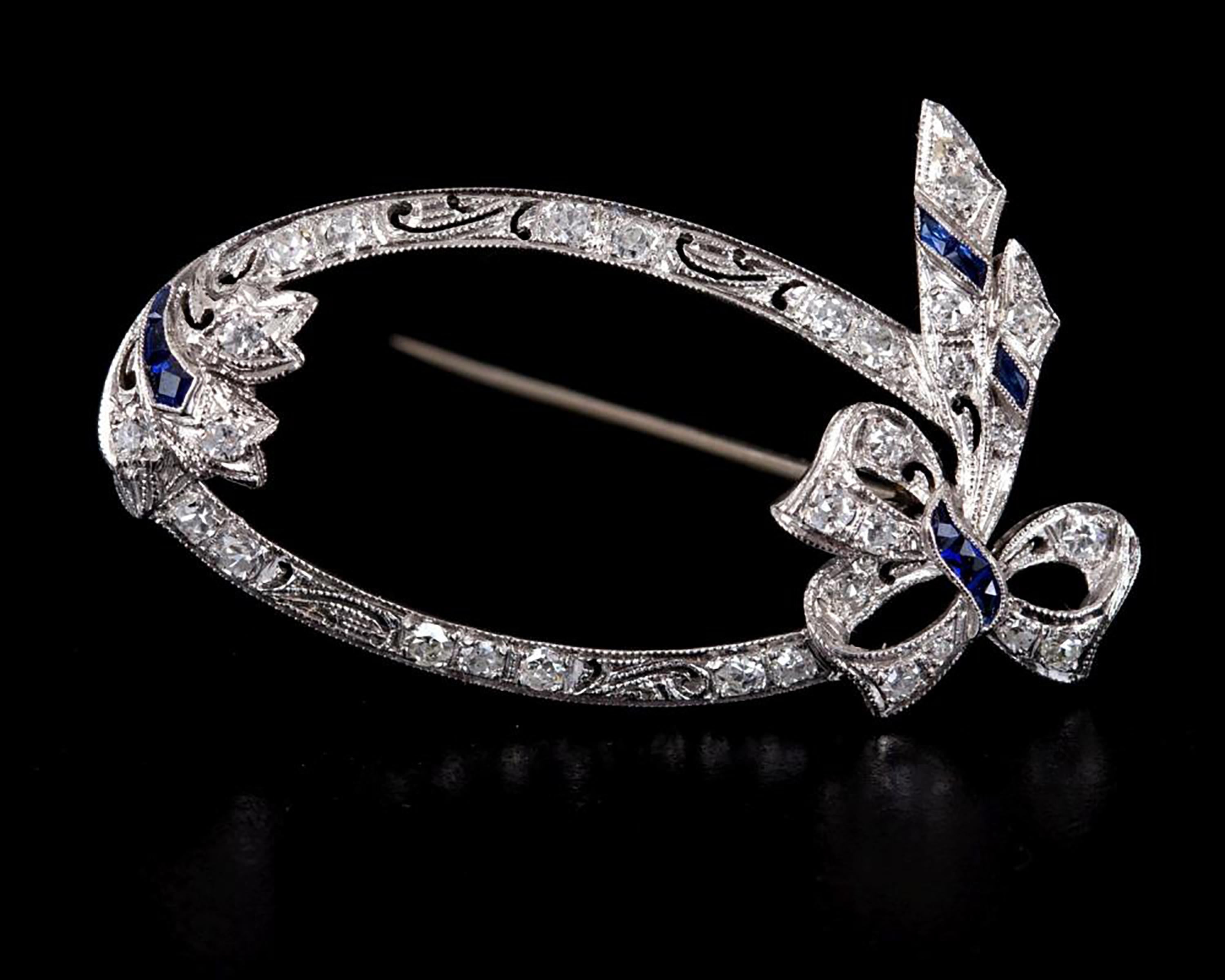 Old European Cut Art Deco Sapphire Diamond Platinum Hand Engraved Millgrain Bow 1.30 Inch Brooch For Sale