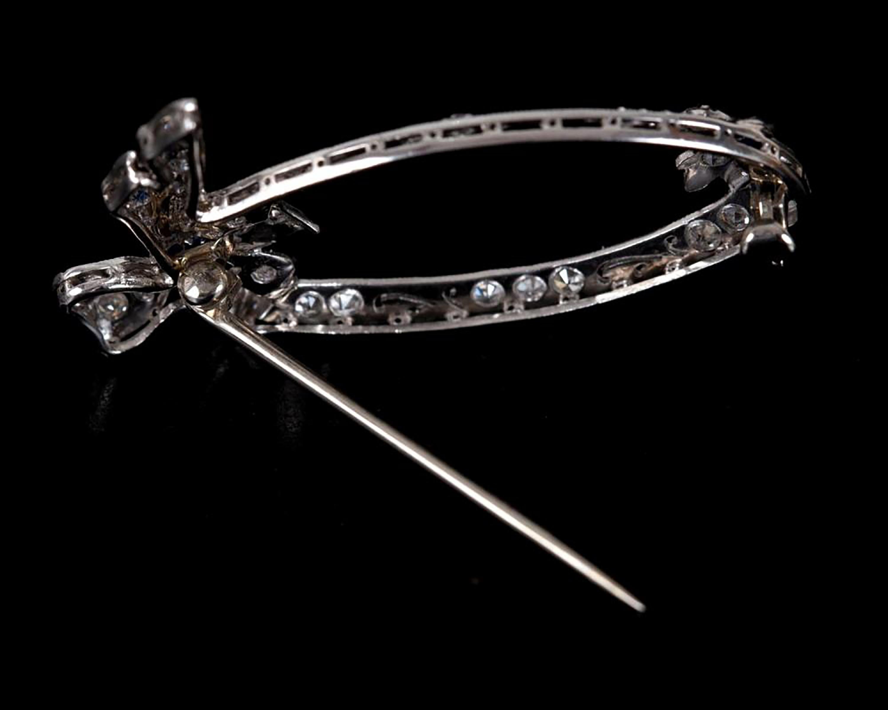 Art Deco Sapphire Diamond Platinum Hand Engraved Millgrain Bow 1.30 Inch Brooch For Sale 1