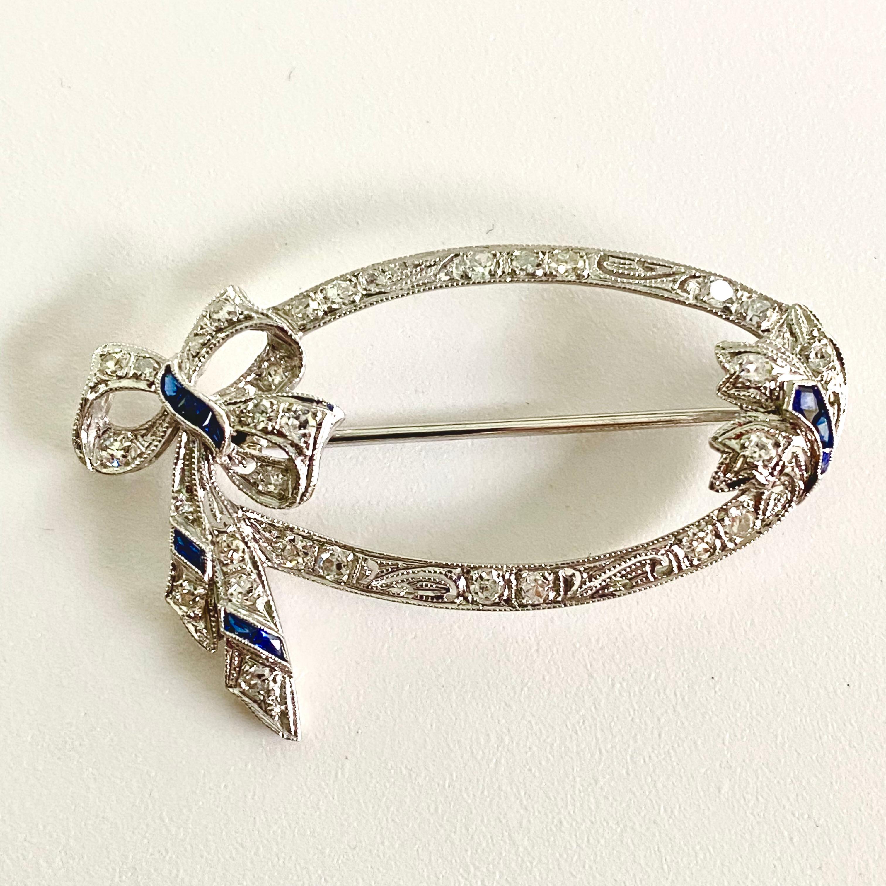 Art Deco Sapphire Diamond Platinum Hand Engraved Millgrain Bow 1.30 Inch Brooch For Sale 3