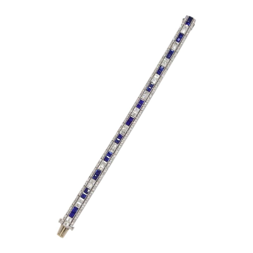 Art Deco Sapphire and Diamond Platinum Line Bracelet For Sale