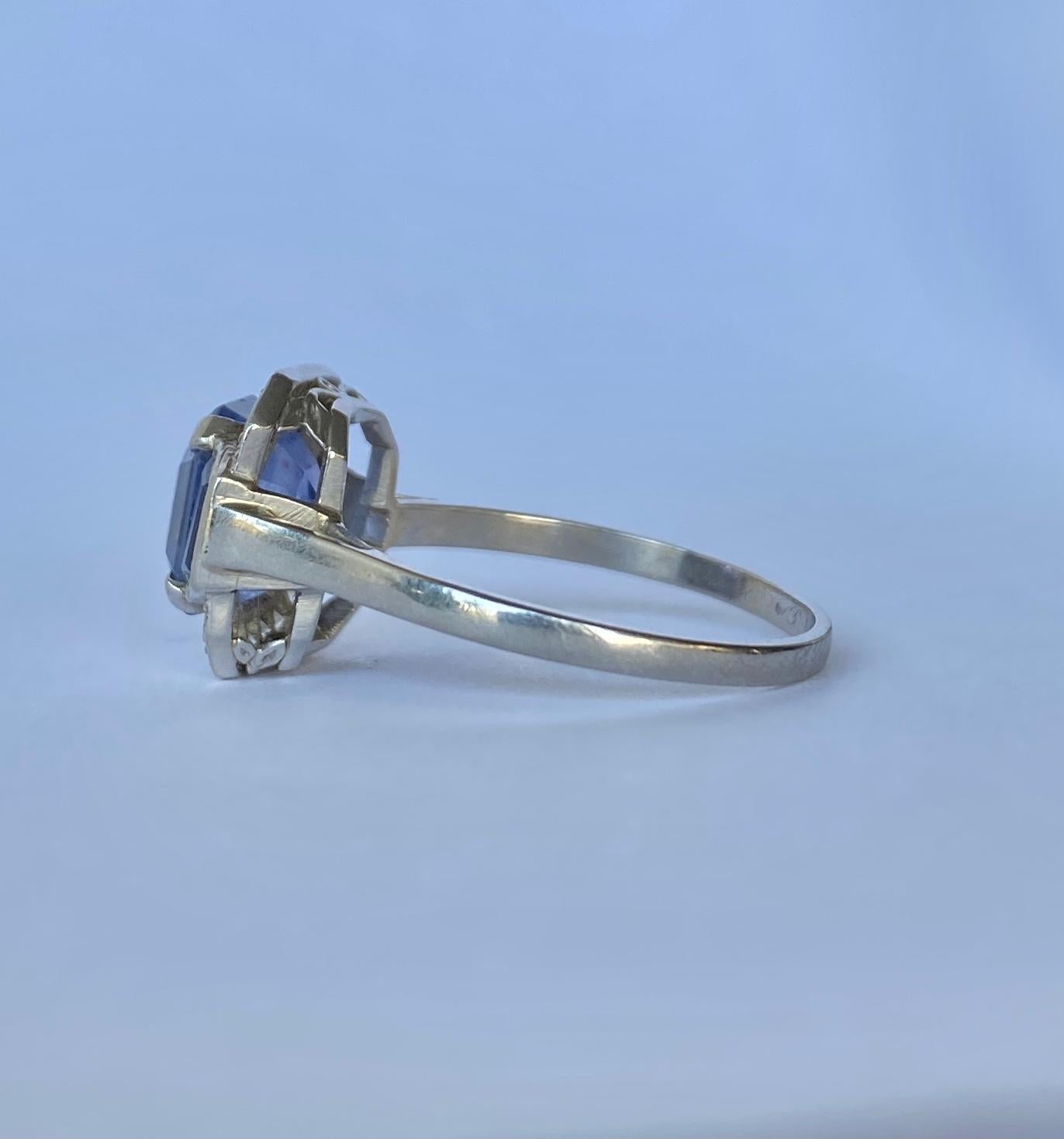 Emerald Cut Art Deco Sapphire and Diamond Platinum Panel Ring, Certified