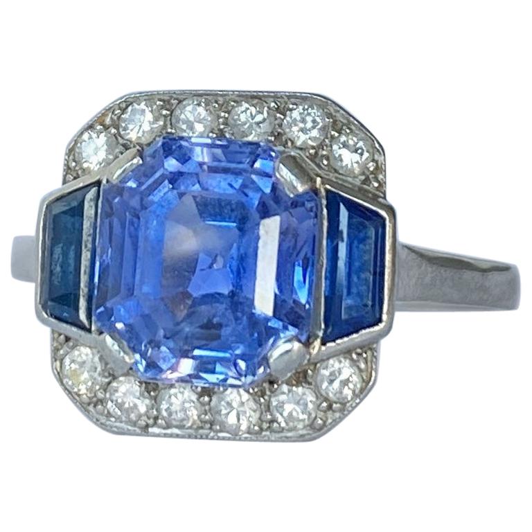 Art Deco Sapphire and Diamond Platinum Panel Ring, Certified