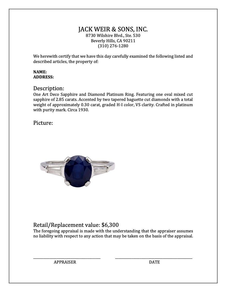 Art Deco Sapphire and Diamond Platinum Ring For Sale 2