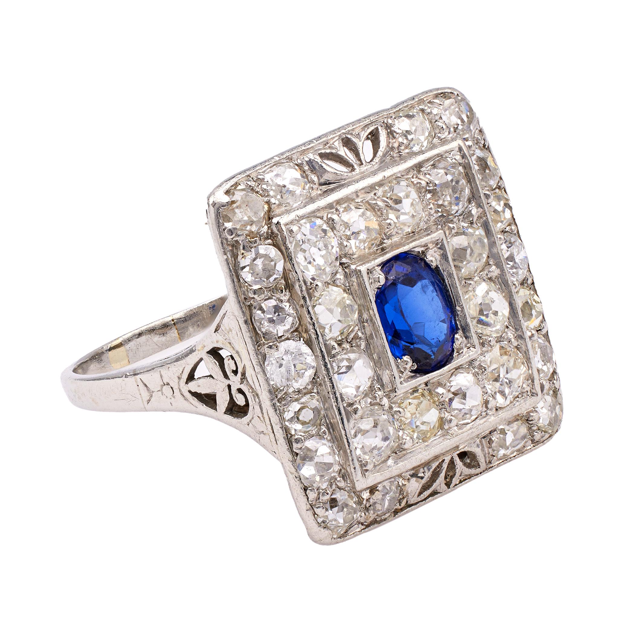 Women's or Men's Art Deco Sapphire and Diamond Platinum Square Ring