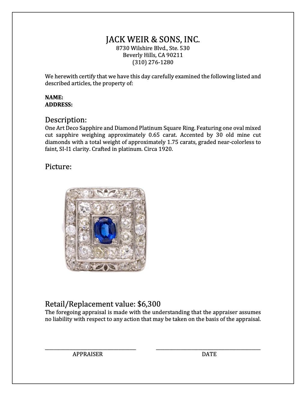Art Deco Sapphire and Diamond Platinum Square Ring For Sale 2