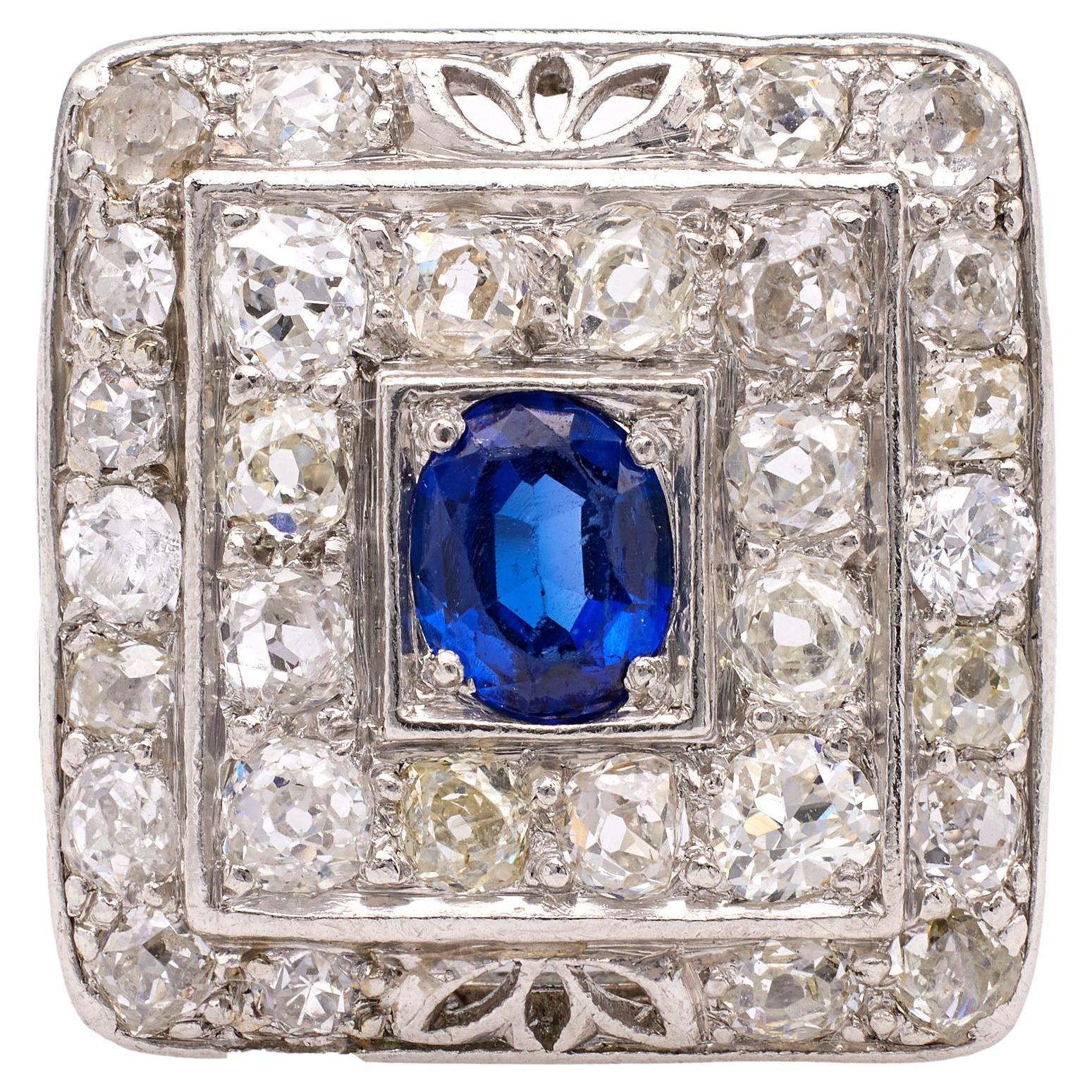 Art Deco Sapphire and Diamond Platinum Square Ring For Sale