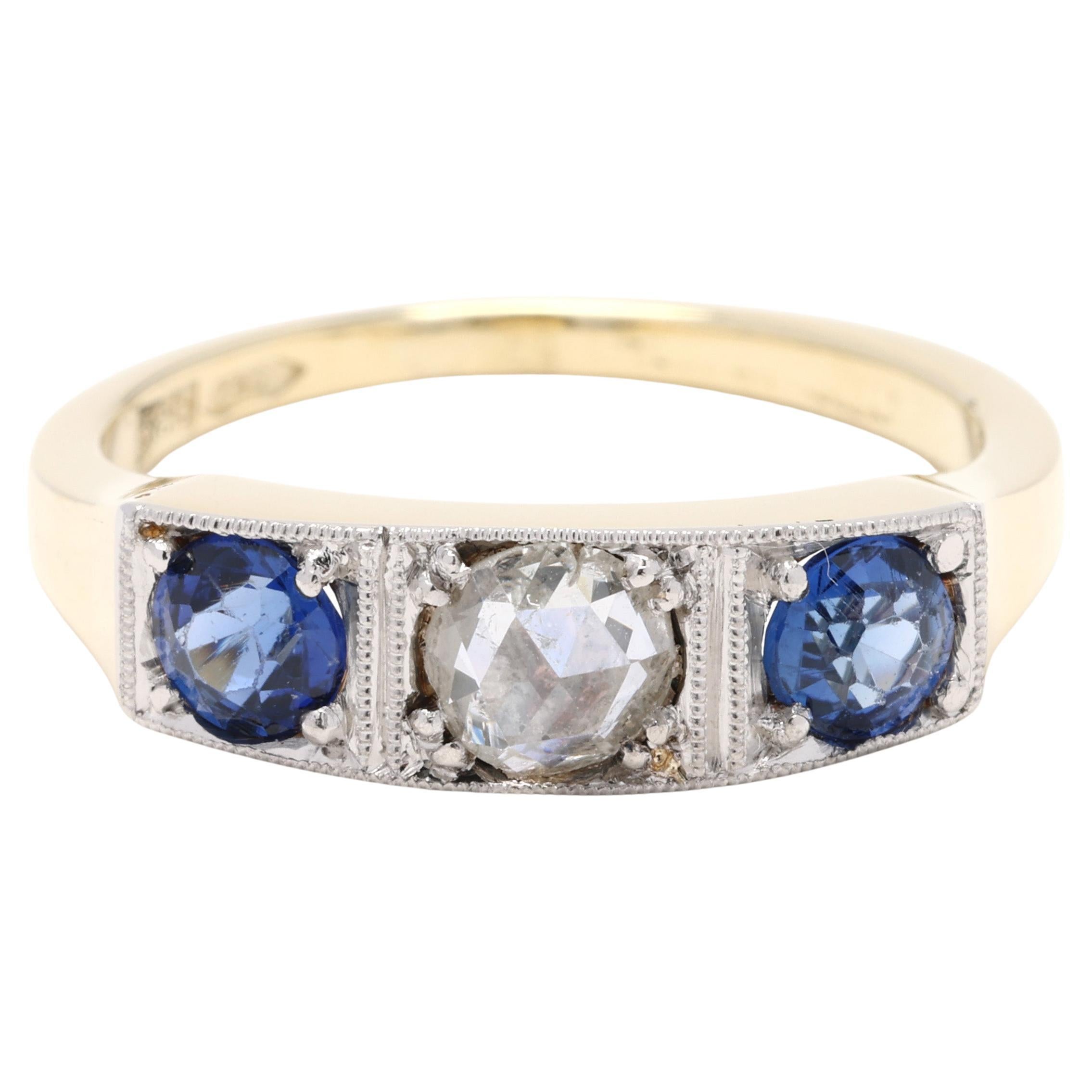 Art Deco Saphir- und Diamantring, 14k Gelbgold, Ring Größe 5