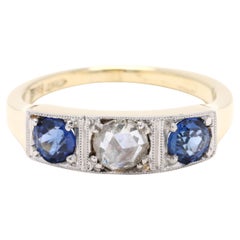 Anello Art Deco con zaffiro e diamanti, oro giallo 14k, misura 5