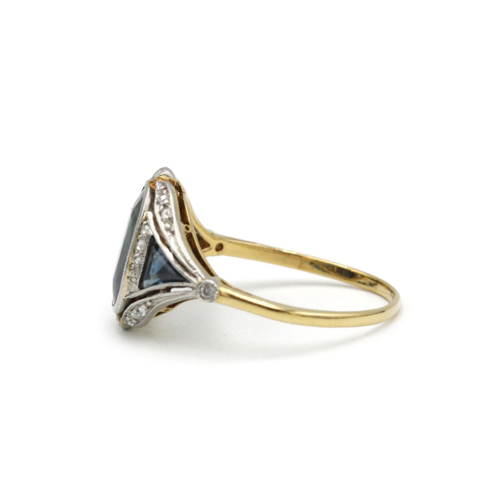 Oval Cut Art Deco Sapphire and Diamond Ring – 18K Gold, 2ct Sapphire, 1920s Style For Sale