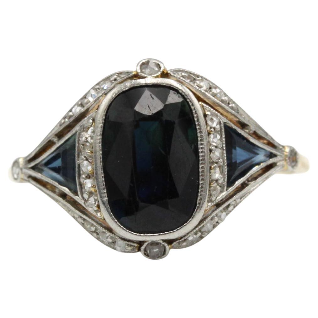 Art Deco Sapphire and Diamond Ring – 18K Gold, 2ct Sapphire, 1920s Style