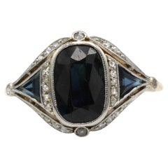Art Deco Sapphire and Diamond Ring – 18K Gold, 2ct Sapphire, 1920s Style