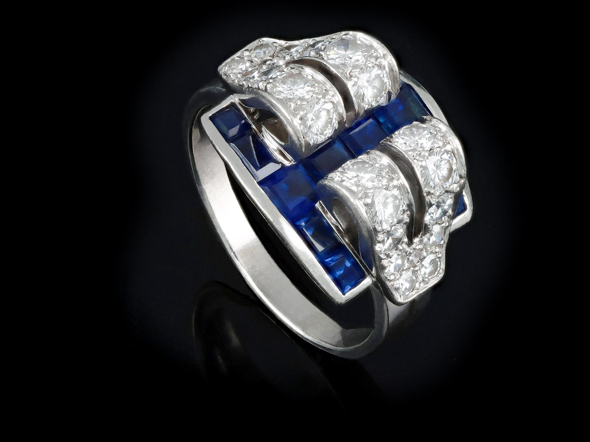 Quadrato Anello Art Deco con zaffiro e diamanti di Tiffany & Co. in vendita