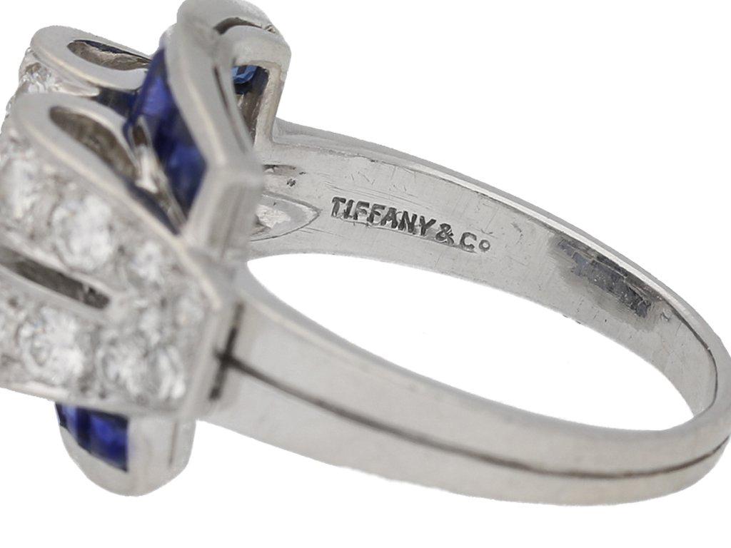 Square Cut Art Deco sapphire and diamond ring by Tiffany & Co, American, circa 1935. For Sale