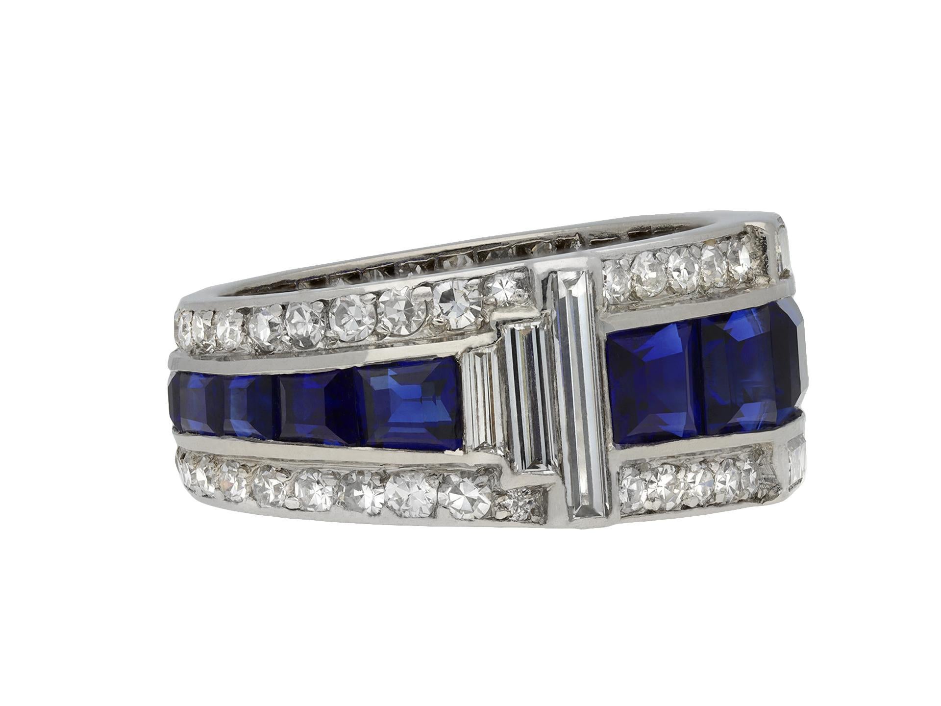 Baguette Cut Art Deco Sapphire and Diamond Ring, circa 1935 For Sale