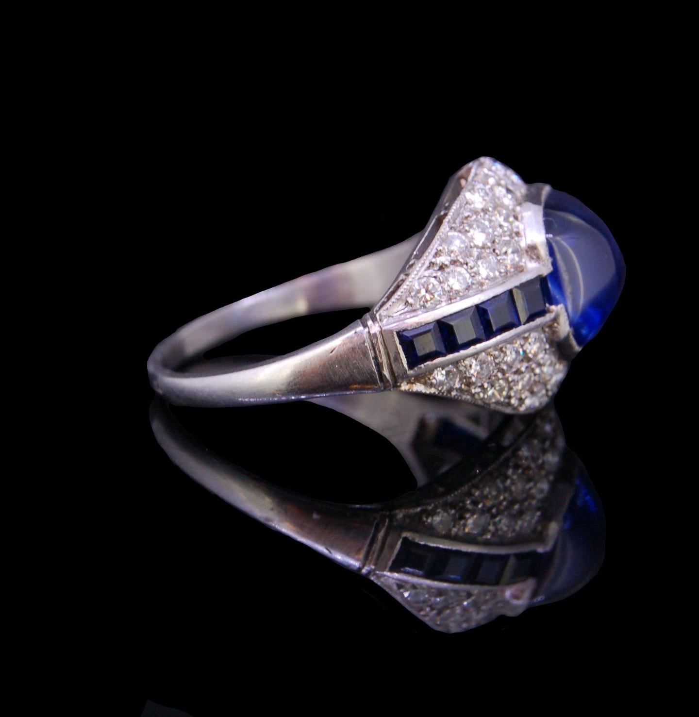 Cabochon Art Deco Style Sapphire and Diamond Ring For Sale