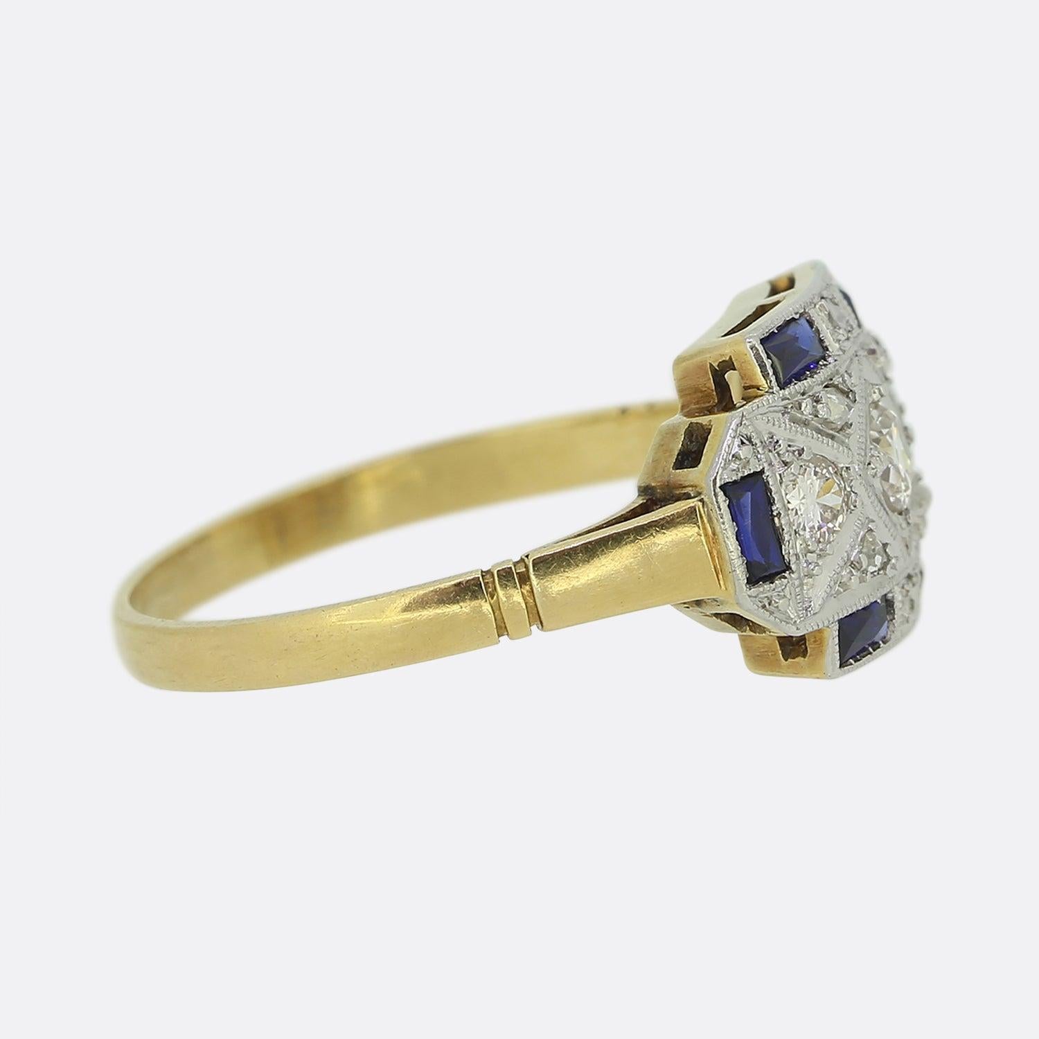 Art déco-Ring mit Saphiren und Diamanten (Rosenschliff) im Angebot