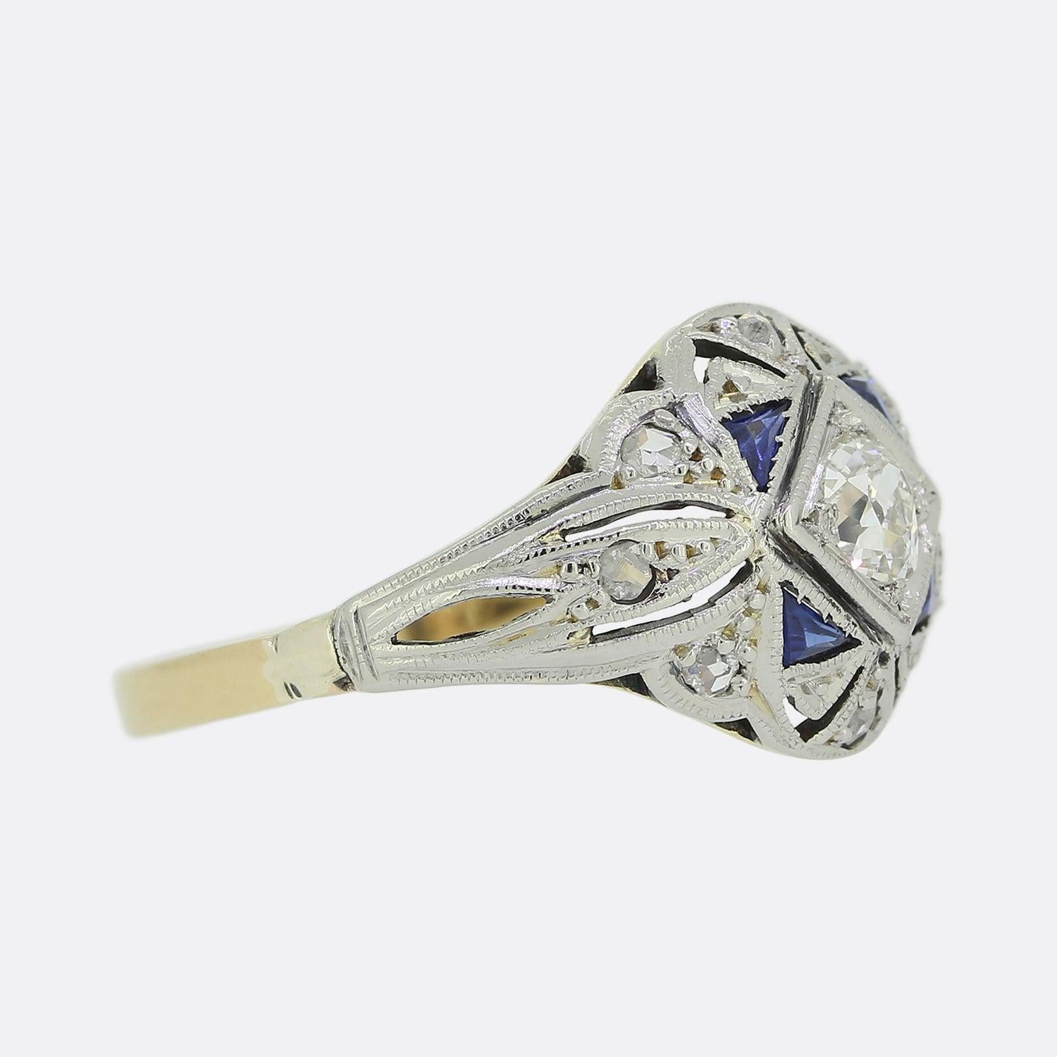 Old European Cut Art Deco Sapphire and Diamond Ring For Sale