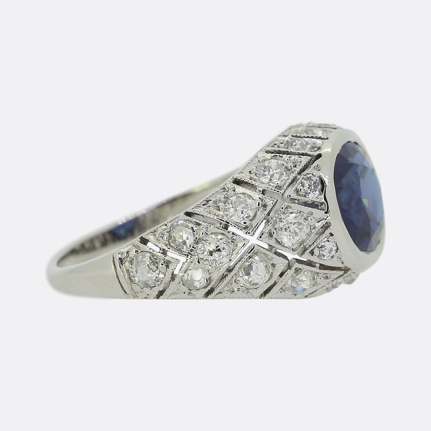 Oval Cut Art Deco Sapphire and Diamond Ring For Sale