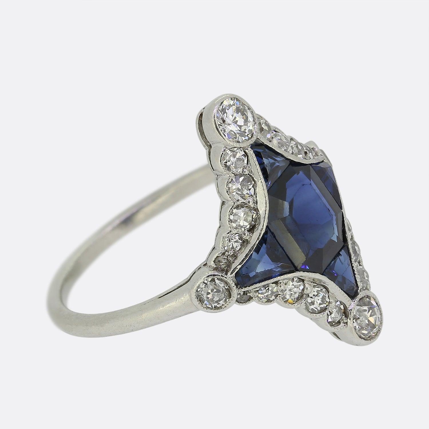 Emerald Cut Art Deco Sapphire and Diamond Ring For Sale