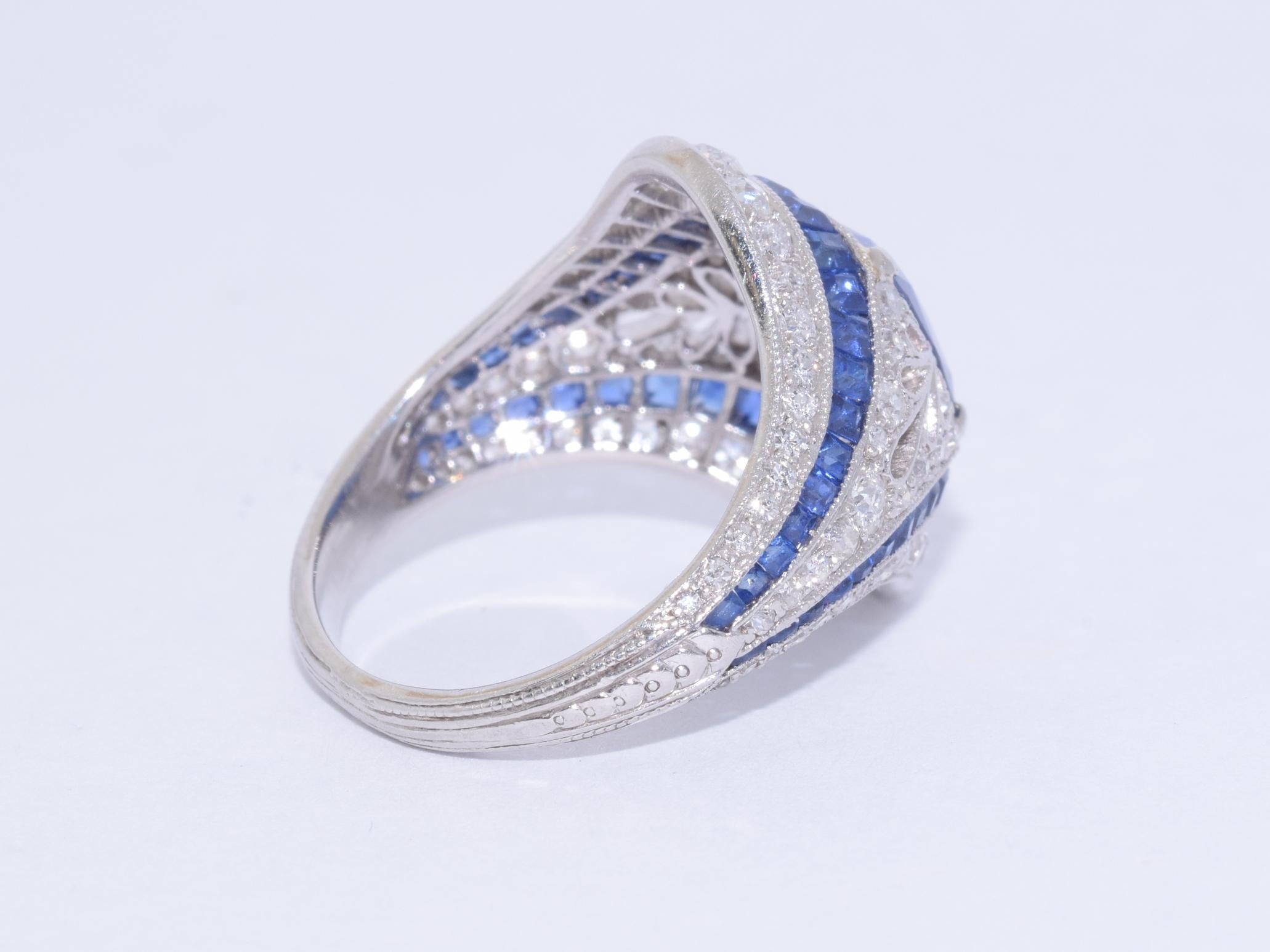 Cushion Cut Art Deco Sapphire and Diamond Ring For Sale