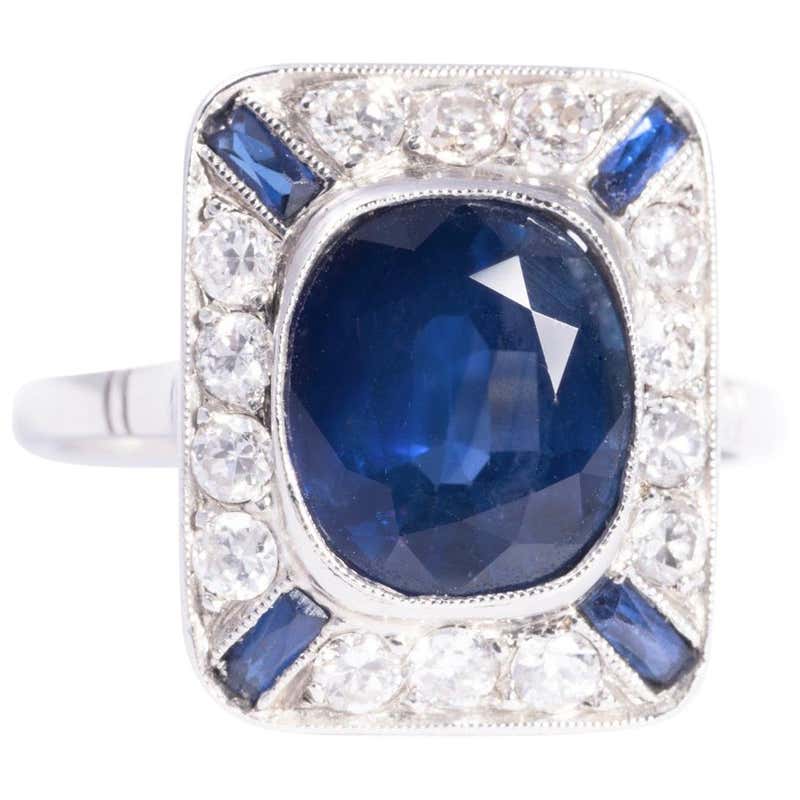 .69 Carat Emerald-Cut Art Deco Style Diamond and Calibre Sapphire Ring ...