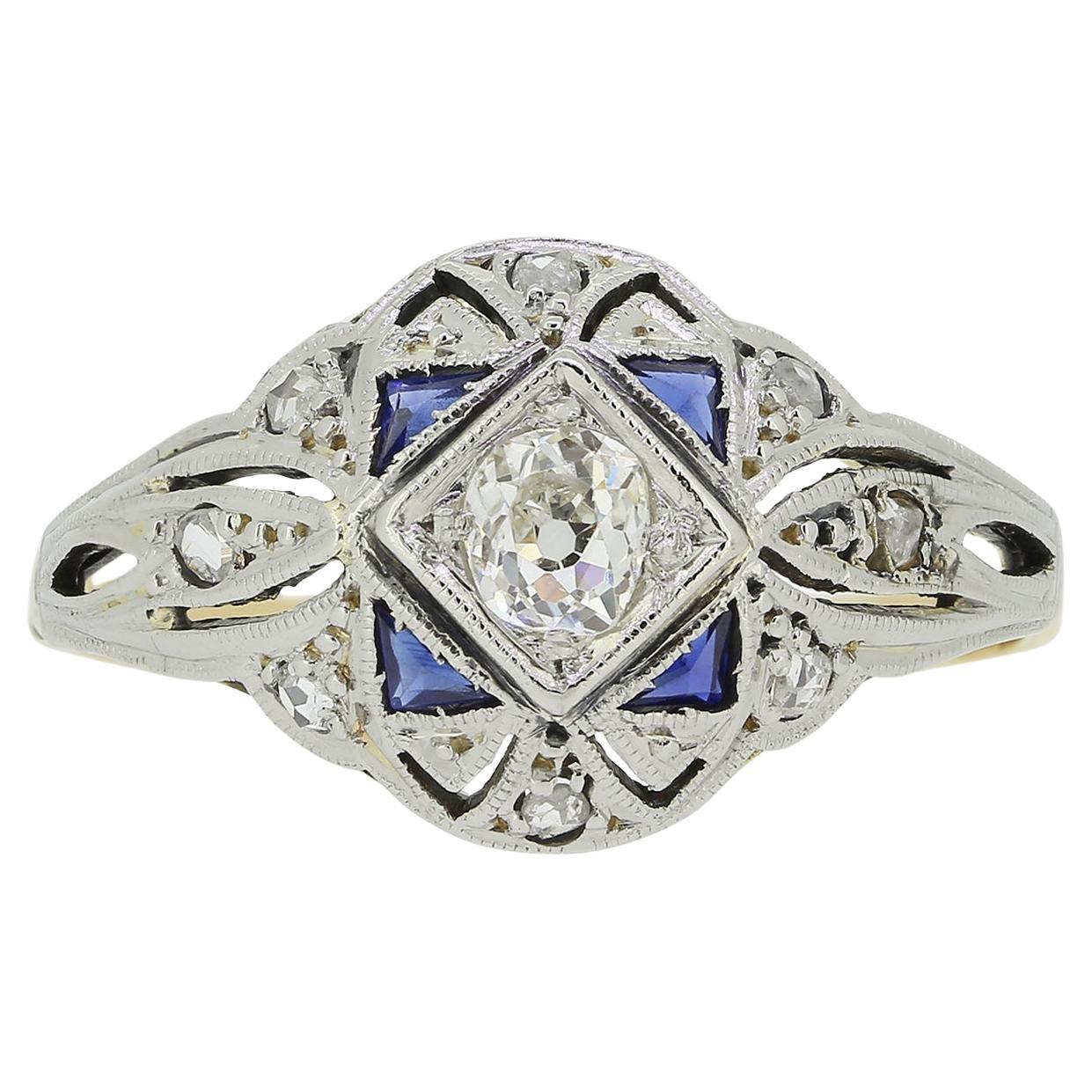 Art Deco Sapphire and Diamond Ring For Sale