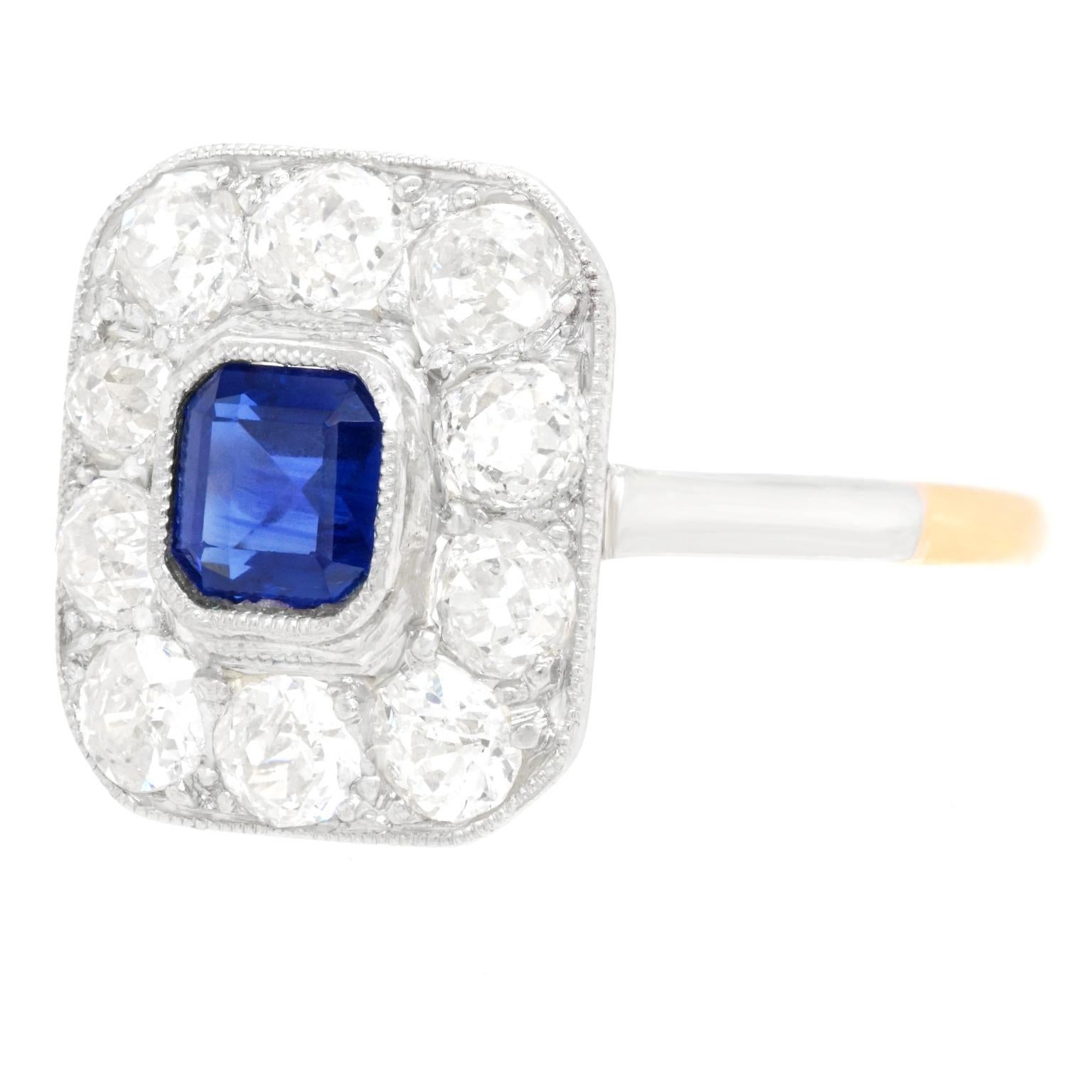 Cushion Cut Art Deco Sapphire and Diamond-Set Platinum over Gold Ring