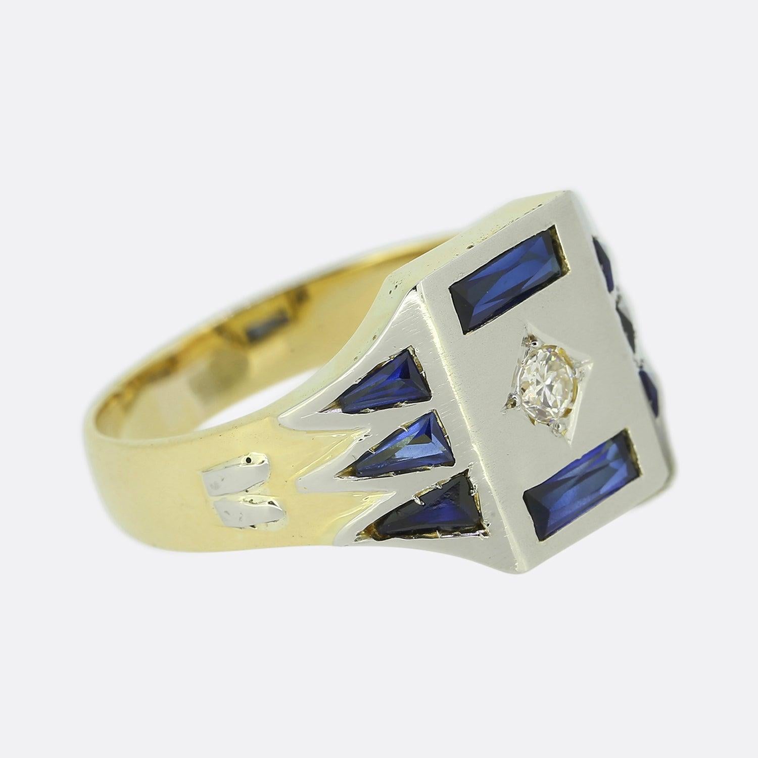 Old European Cut Art Deco Sapphire and Diamond Signet Ring For Sale