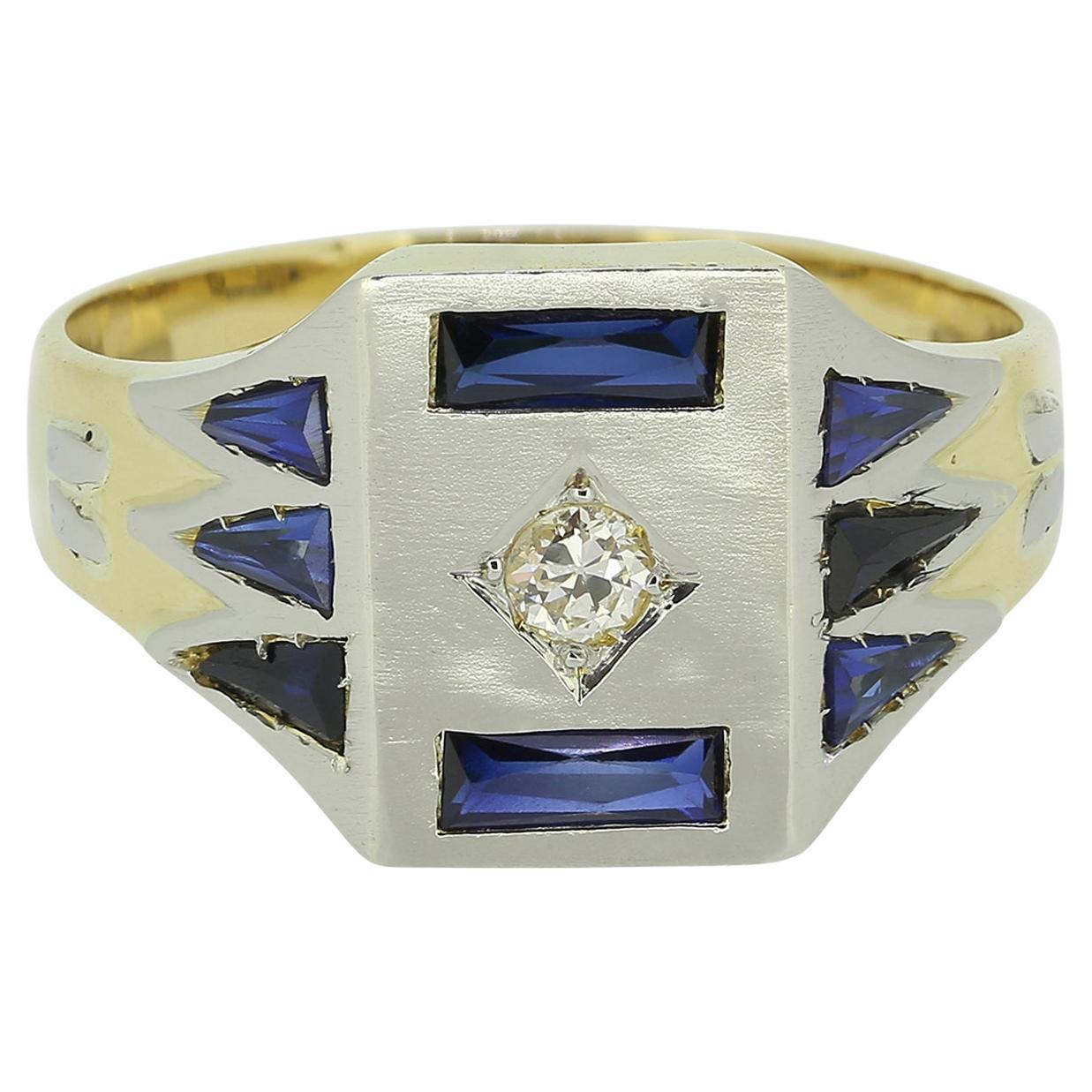 Art Deco Sapphire and Diamond Signet Ring For Sale